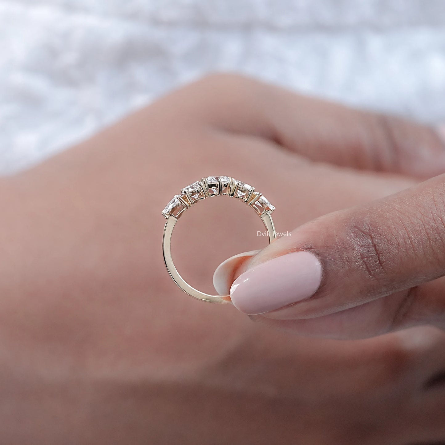 Five Stone Round Diamond Pear Accent Ring