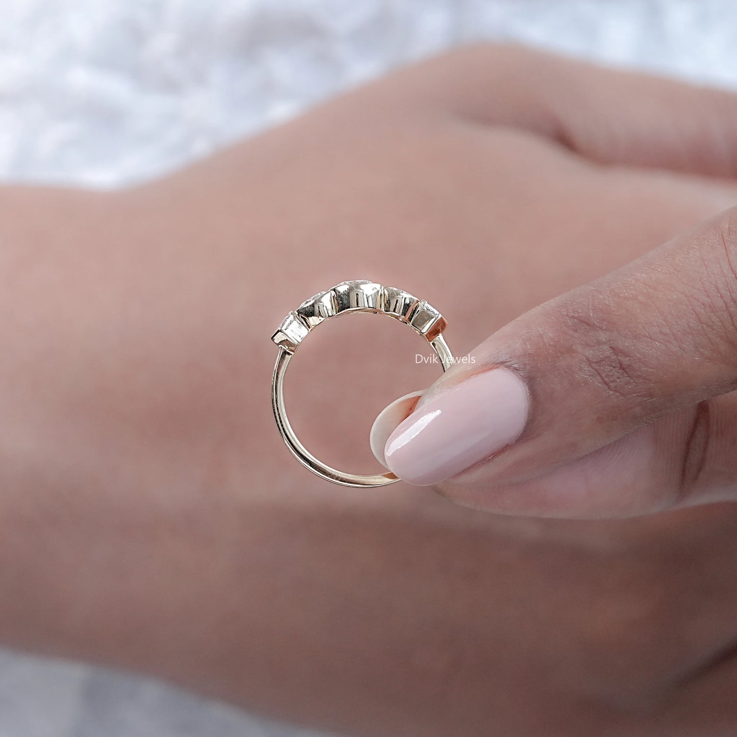 Round And Pentagon Diamond Bezel Set Five Stone Ring