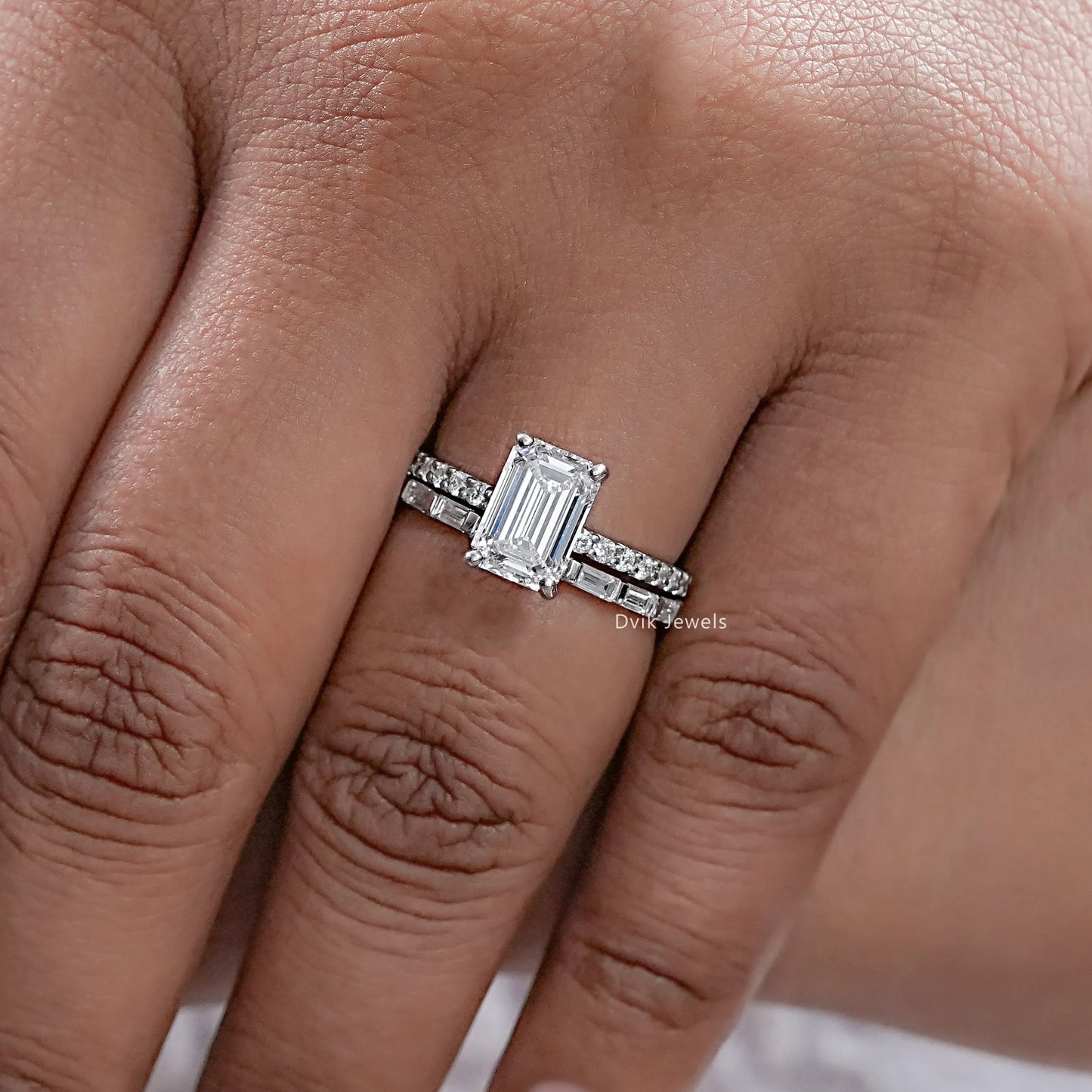 Solitaire Accent Emerald Cut Diamond Bridal Ring Set