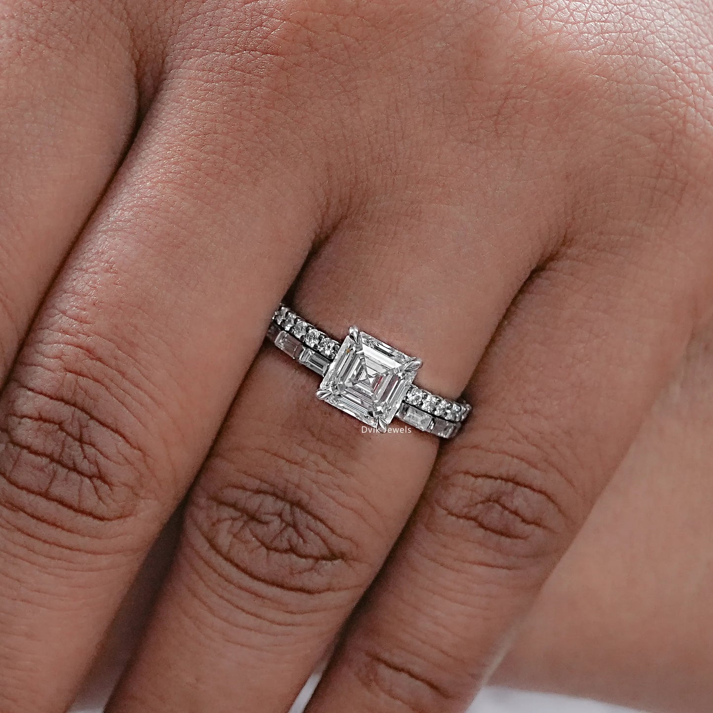 Square Emerald Cut Diamond Solitaire Accent Ring Set