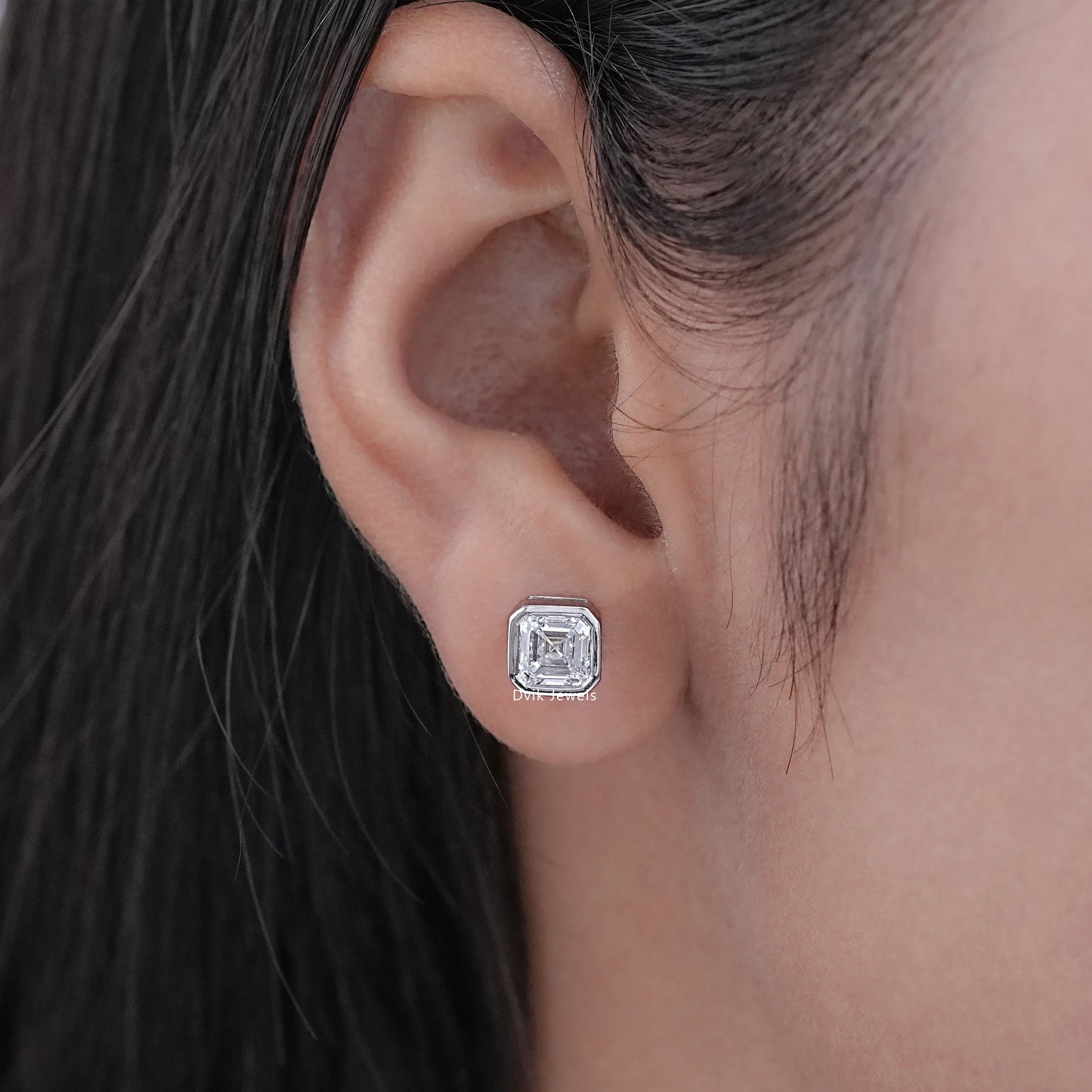 Bezel Set Asscher Cut Lab Diamond Stud Earrings