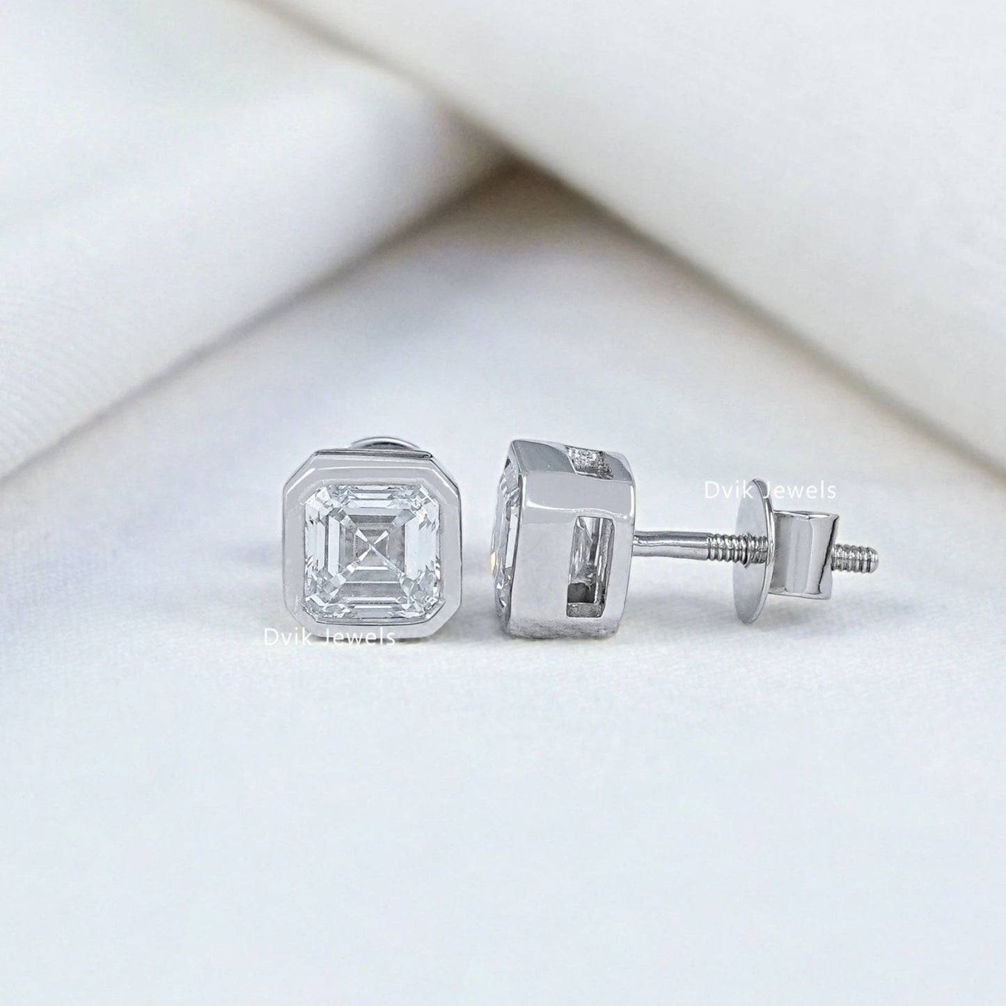 Bezel Set Asscher Cut Lab Diamond Stud Earrings
