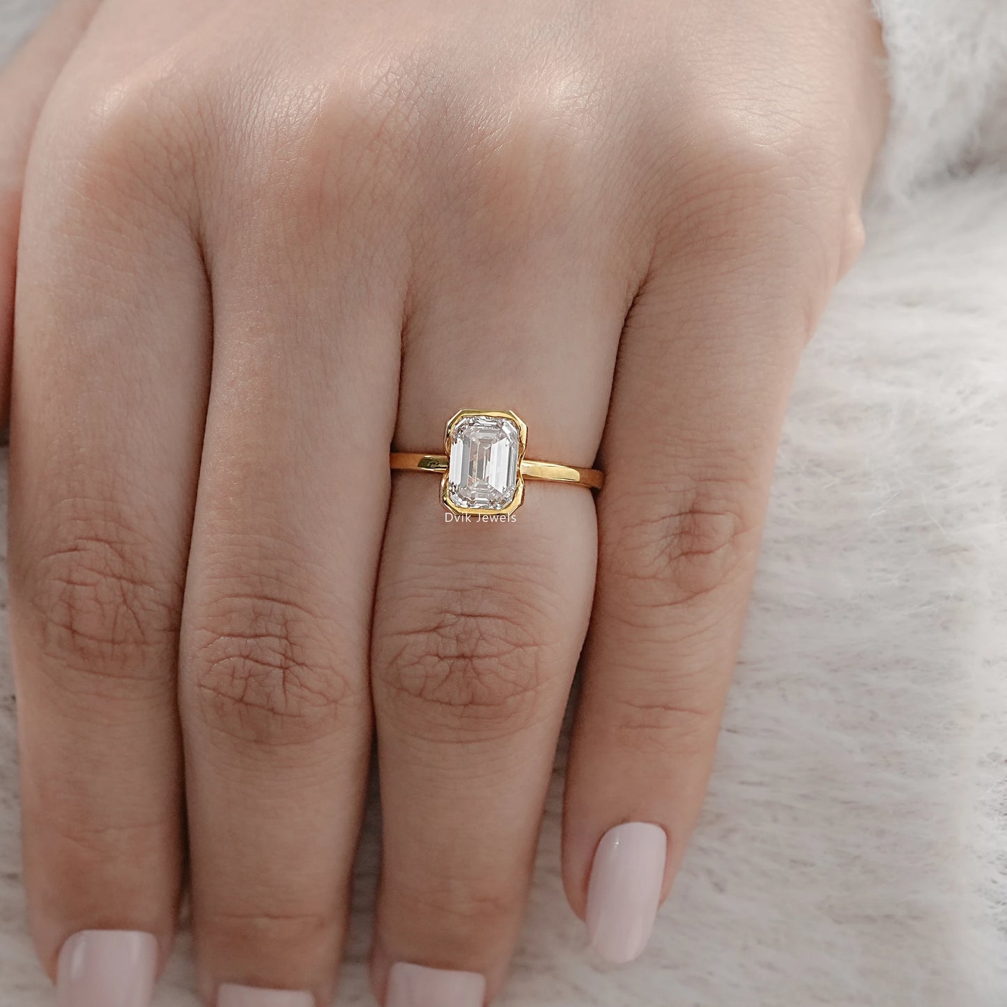 Bezel Set Emerald Cut Lab Diamond Engagement Ring