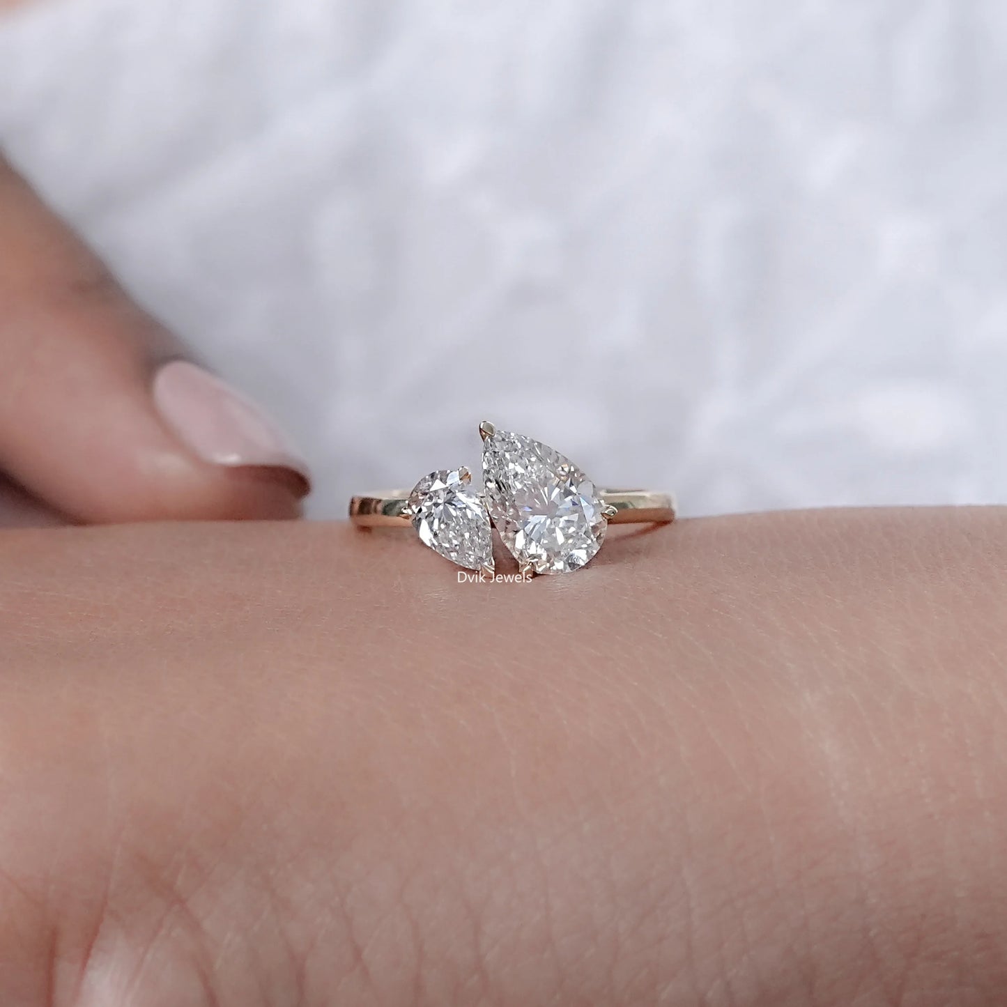 Pear Cut Lab Diamond Two Stone Engagement Ring