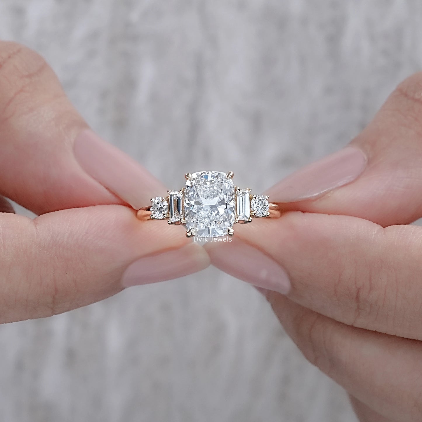 Elongated Cushion Shape Five Diamond Engagement Ring