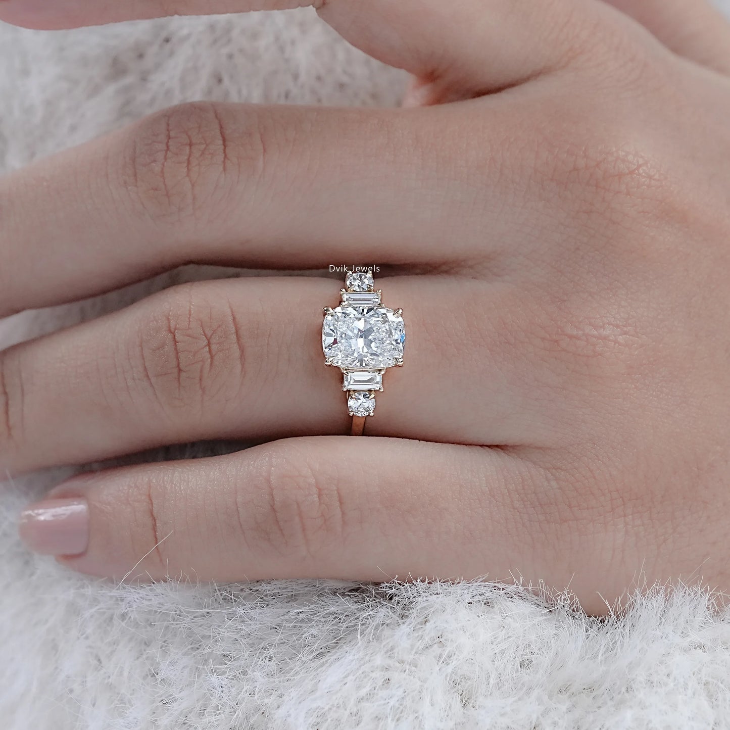 Elongated Cushion Shape Five Diamond Engagement Ring
