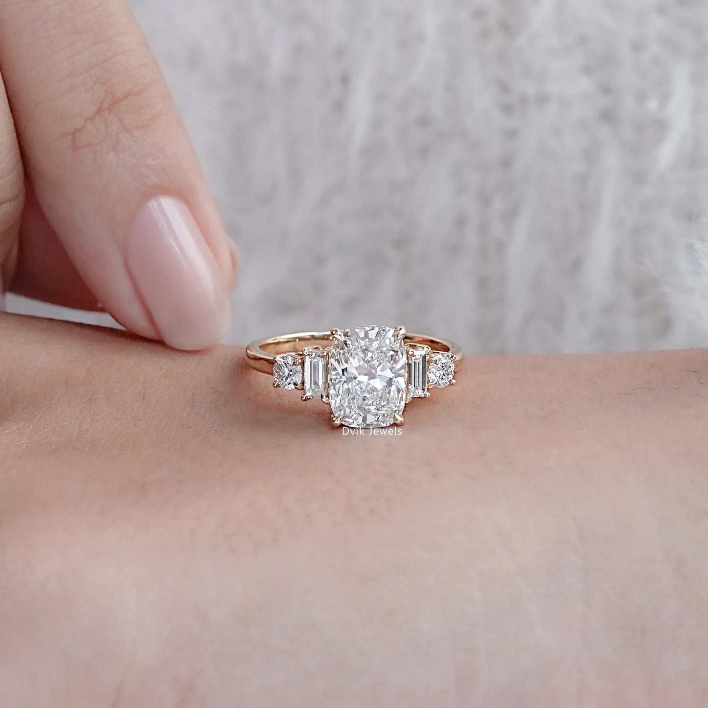 Elongated Cushion Shape Five Diamond Engagement Ring