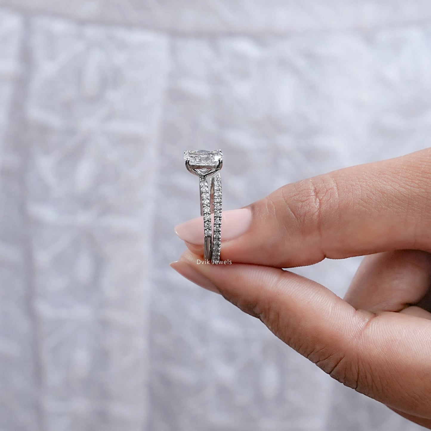 Elongated Cushion Cut Solitaire Bridal Ring Set