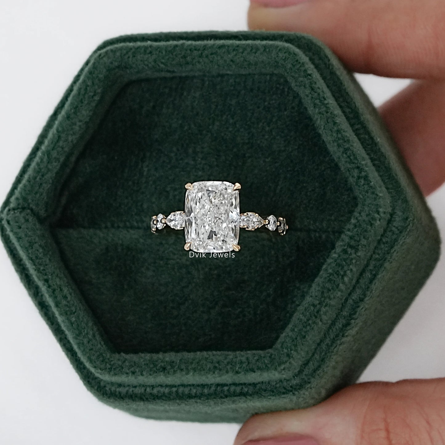 Cushion Cut Diamond Ring with Marquise Side Stones