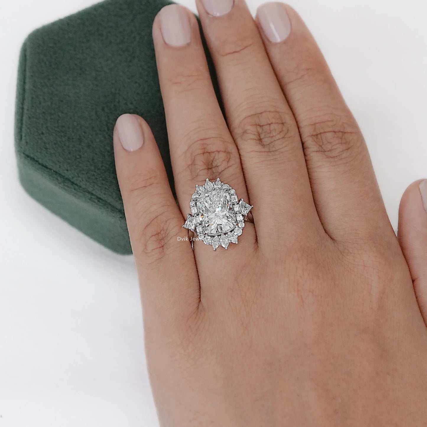 Cushion Cut Lab Diamond Three Stone Halo Engagement Ring