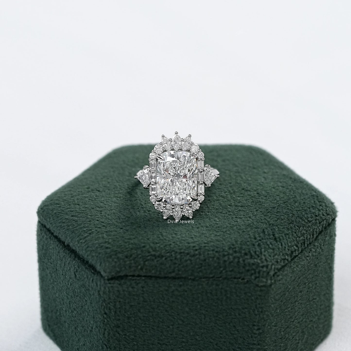 Cushion Cut Lab Diamond Three Stone Halo Engagement Ring