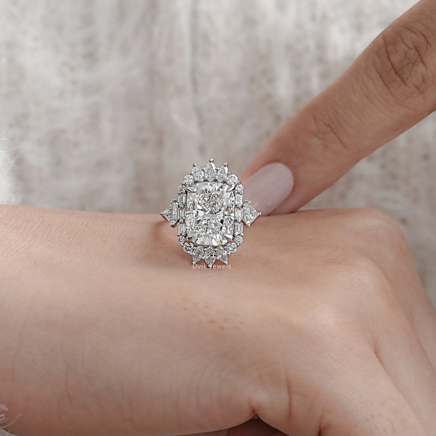 Cushion Cut Lab Diamond Three Stone Halo Engagement Ring