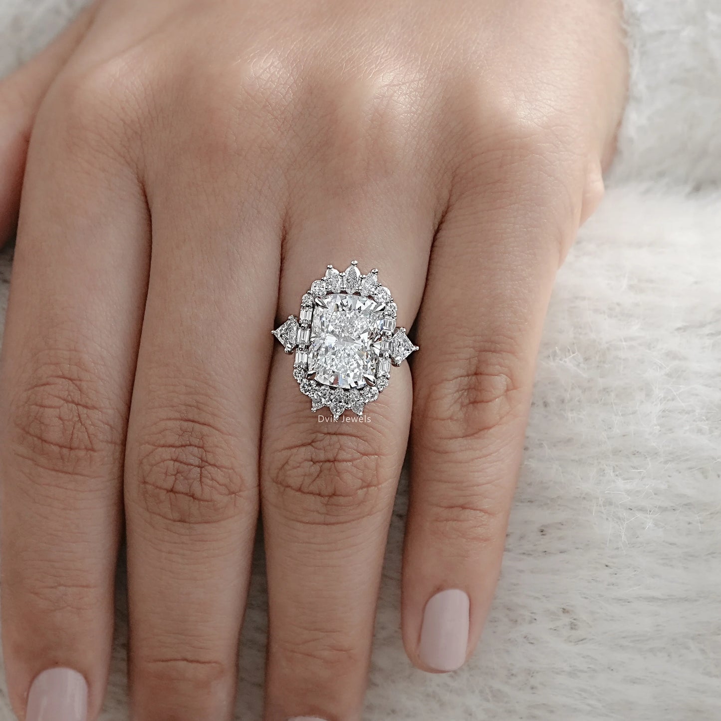 Cushion Cut Lab Diamond Three Stone Halo Engagement Ring