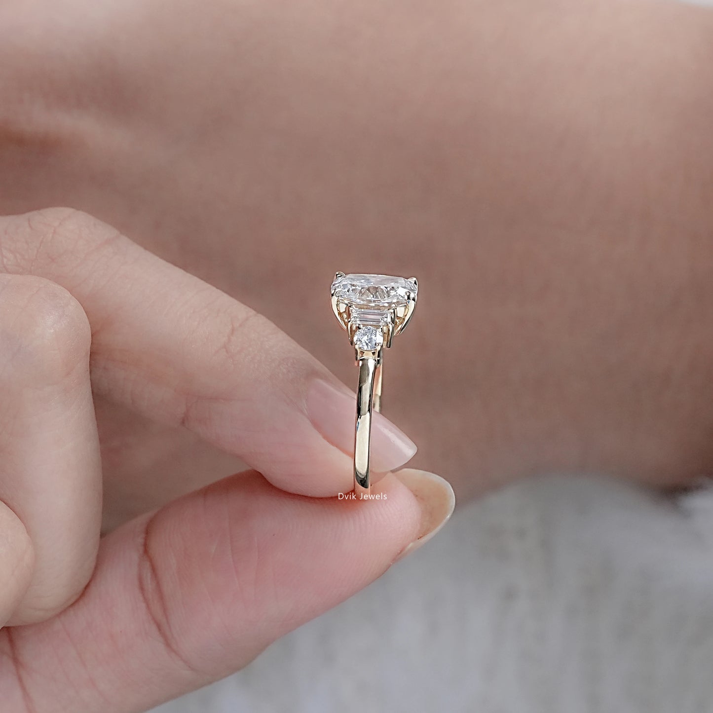 Elongated Cushion Shape Five Diamond Engagement Ring