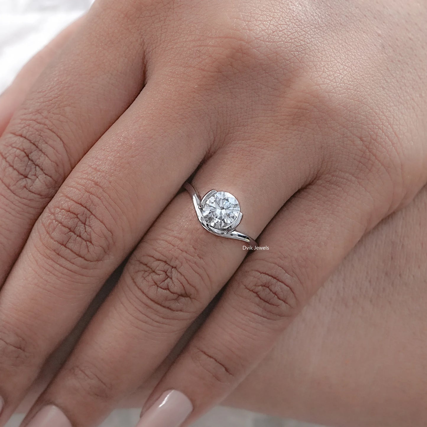 Round Cut Diamond Half Bezel Set Solitaire Ring