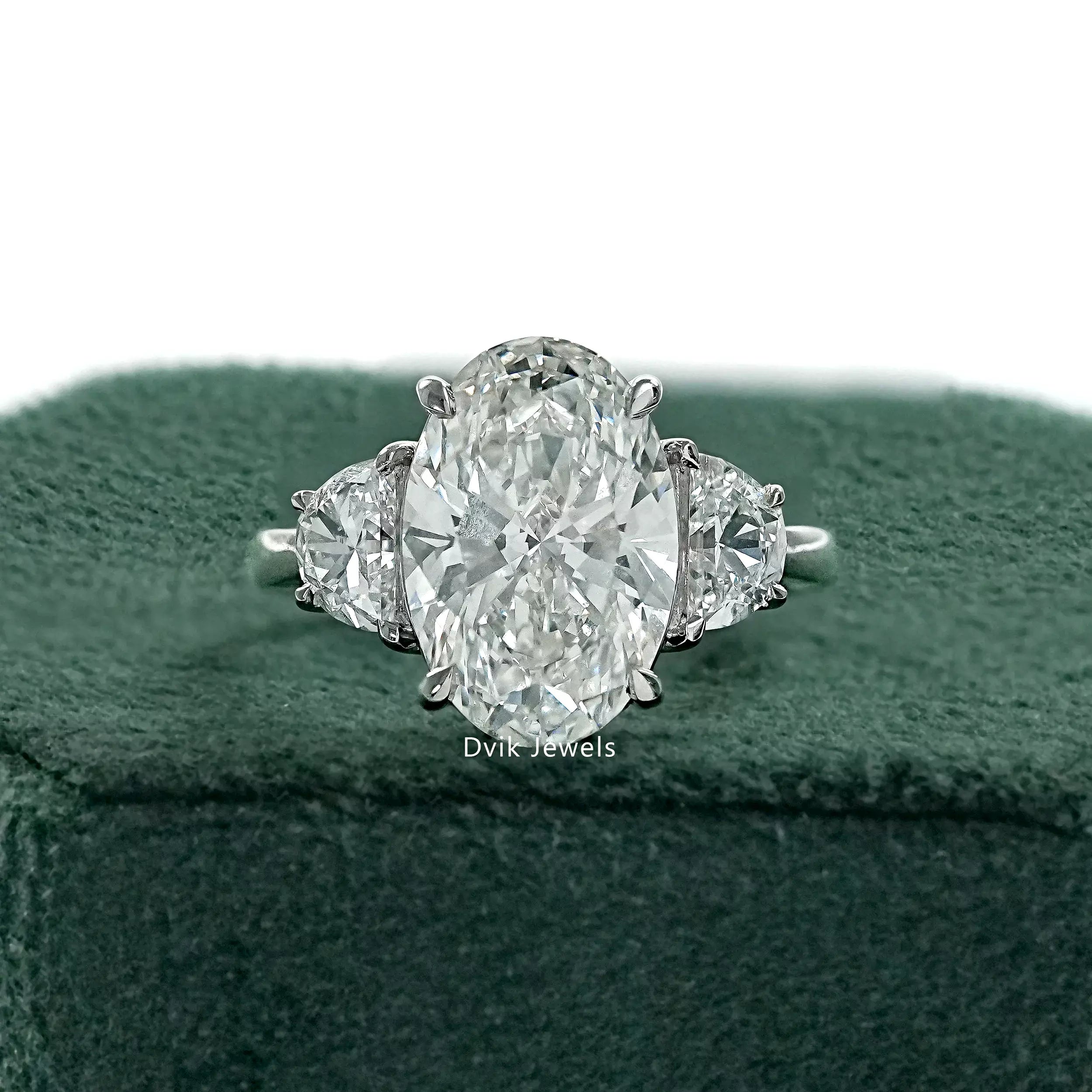 Three Stone Oval Engagement Ring Half Moon Side Diamonds – Dvik Jewels