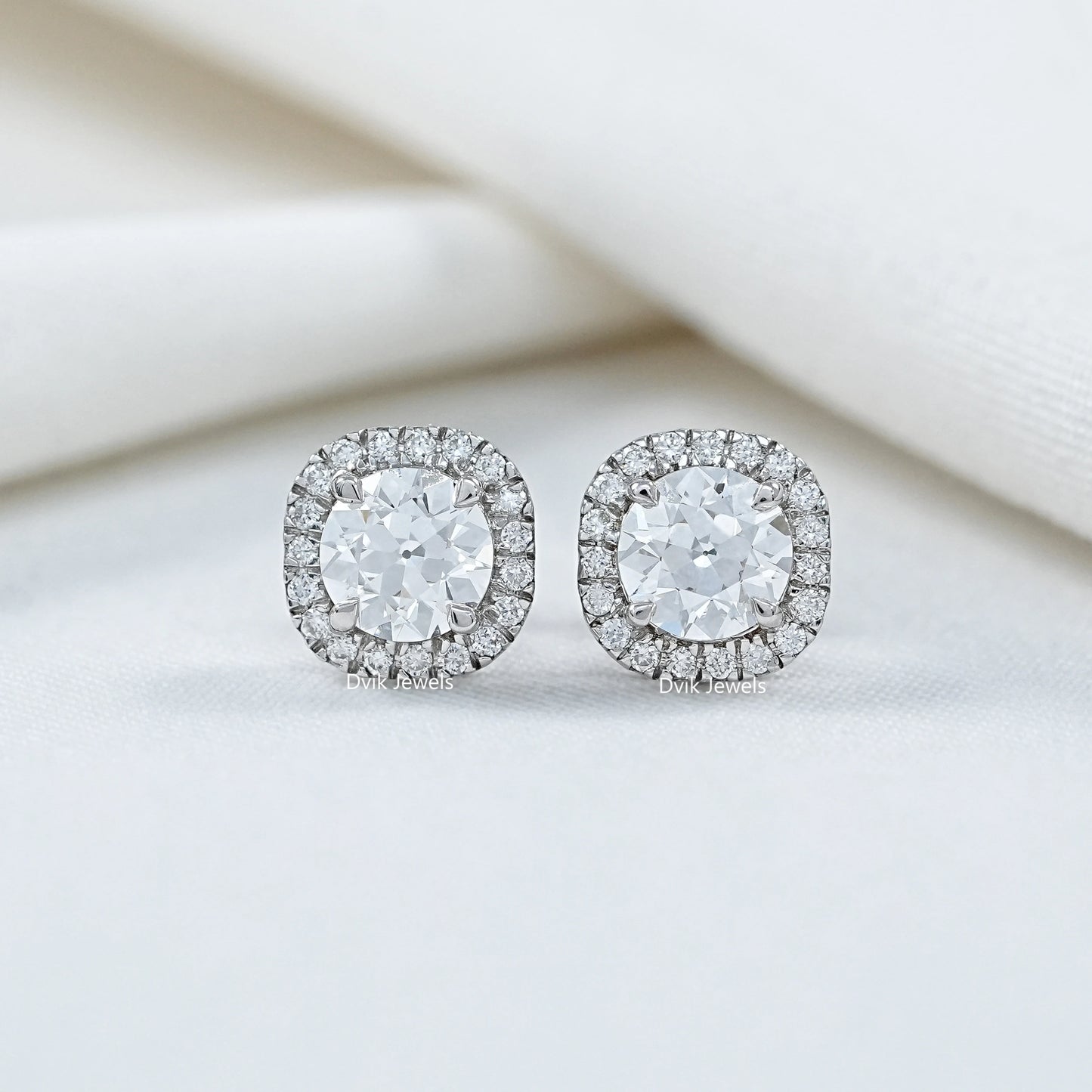 Old European Round Lab Diamond Halo Stud Earrings