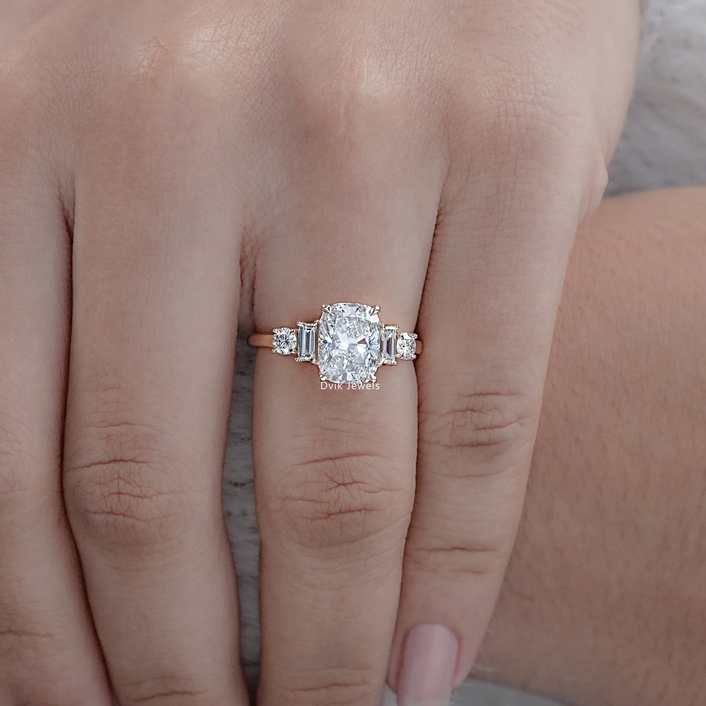 Elongated Cushion Shape Five Diamond Engagement Ring
