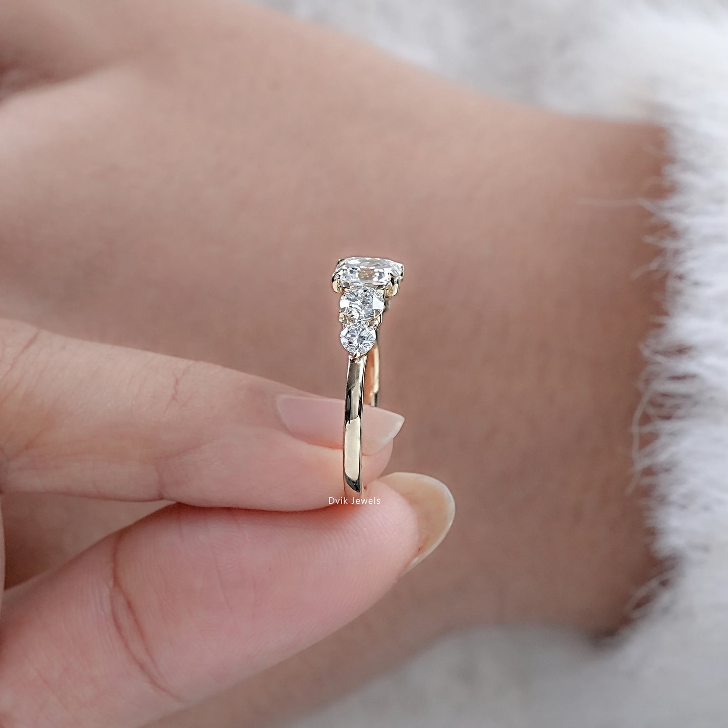 Square Emerald & Round Cut Lab Diamond Five Stone Ring