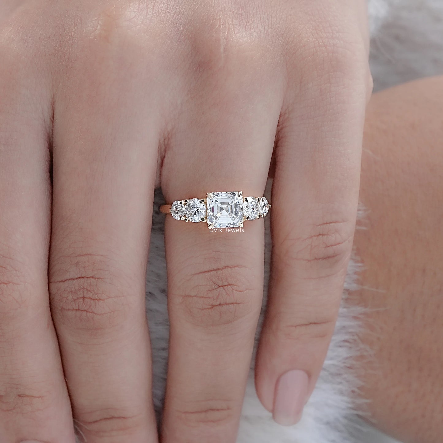 Square Emerald & Round Cut Lab Diamond Five Stone Ring