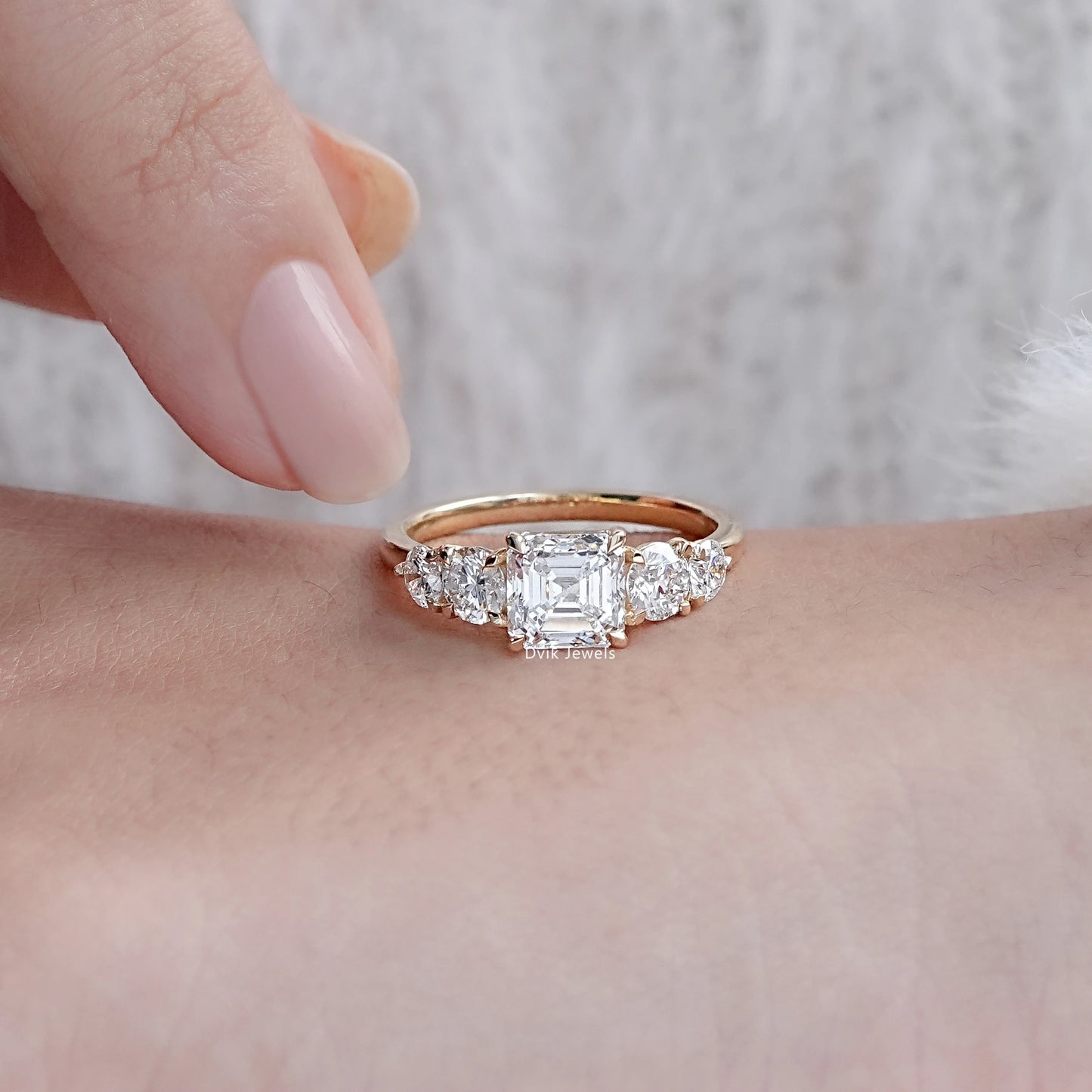 Square Emerald & Round Cut Lab Diamond Five Stone Ring
