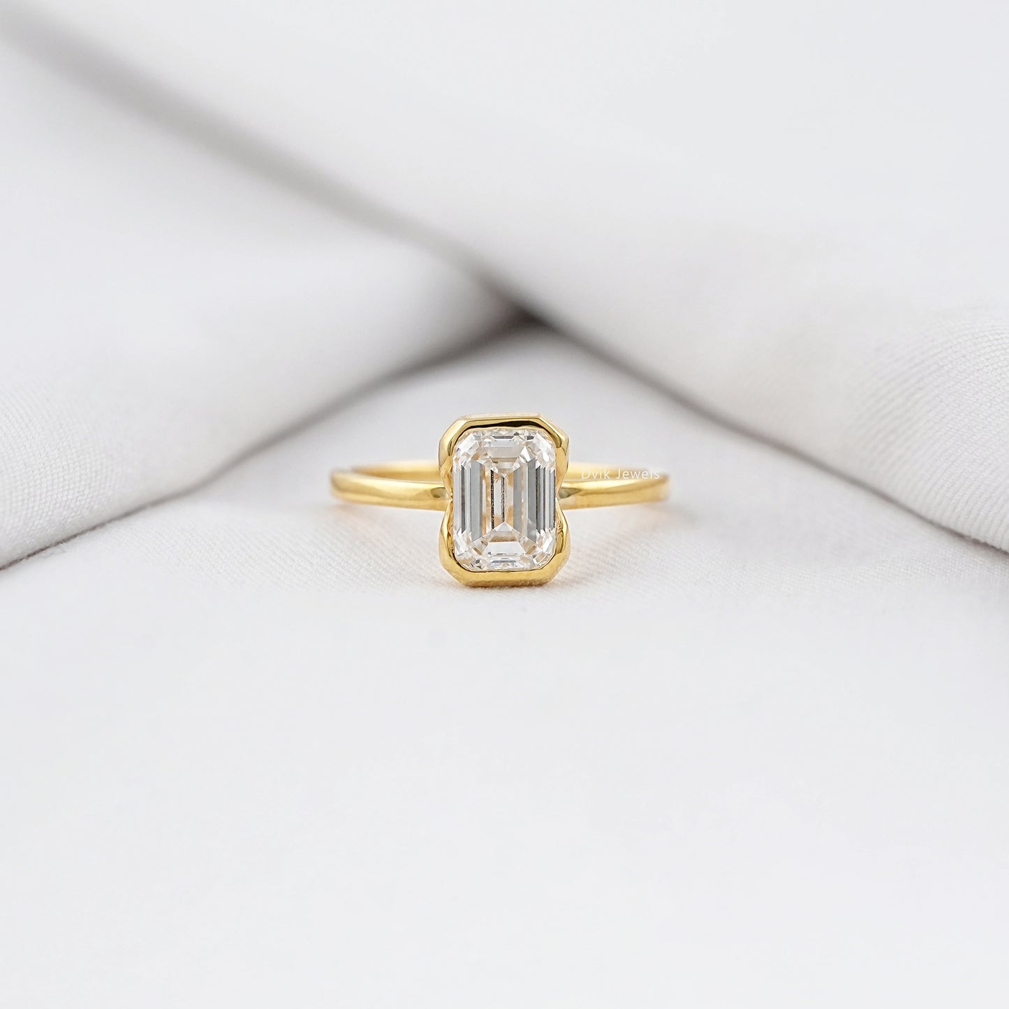 Bezel Set Emerald Cut Lab Diamond Engagement Ring