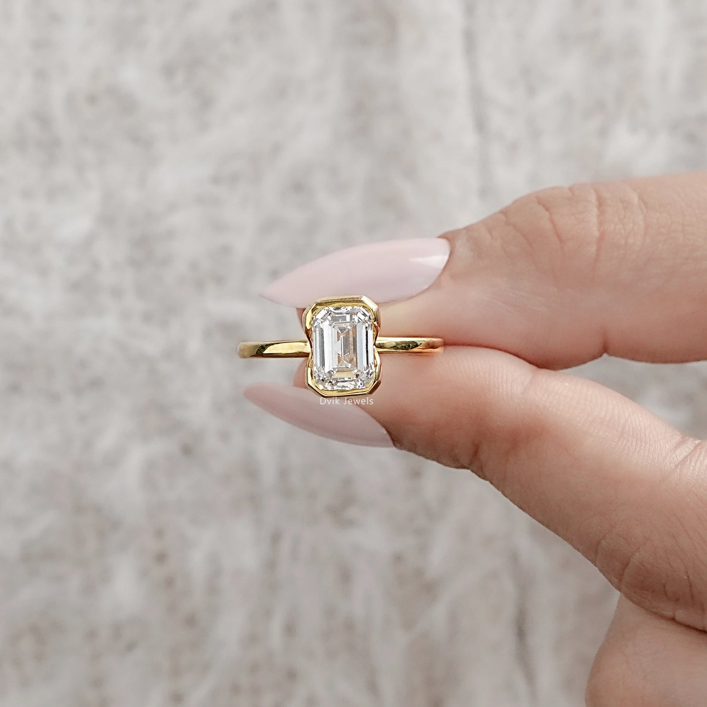 Bezel Set Emerald Cut Lab Diamond Engagement Ring