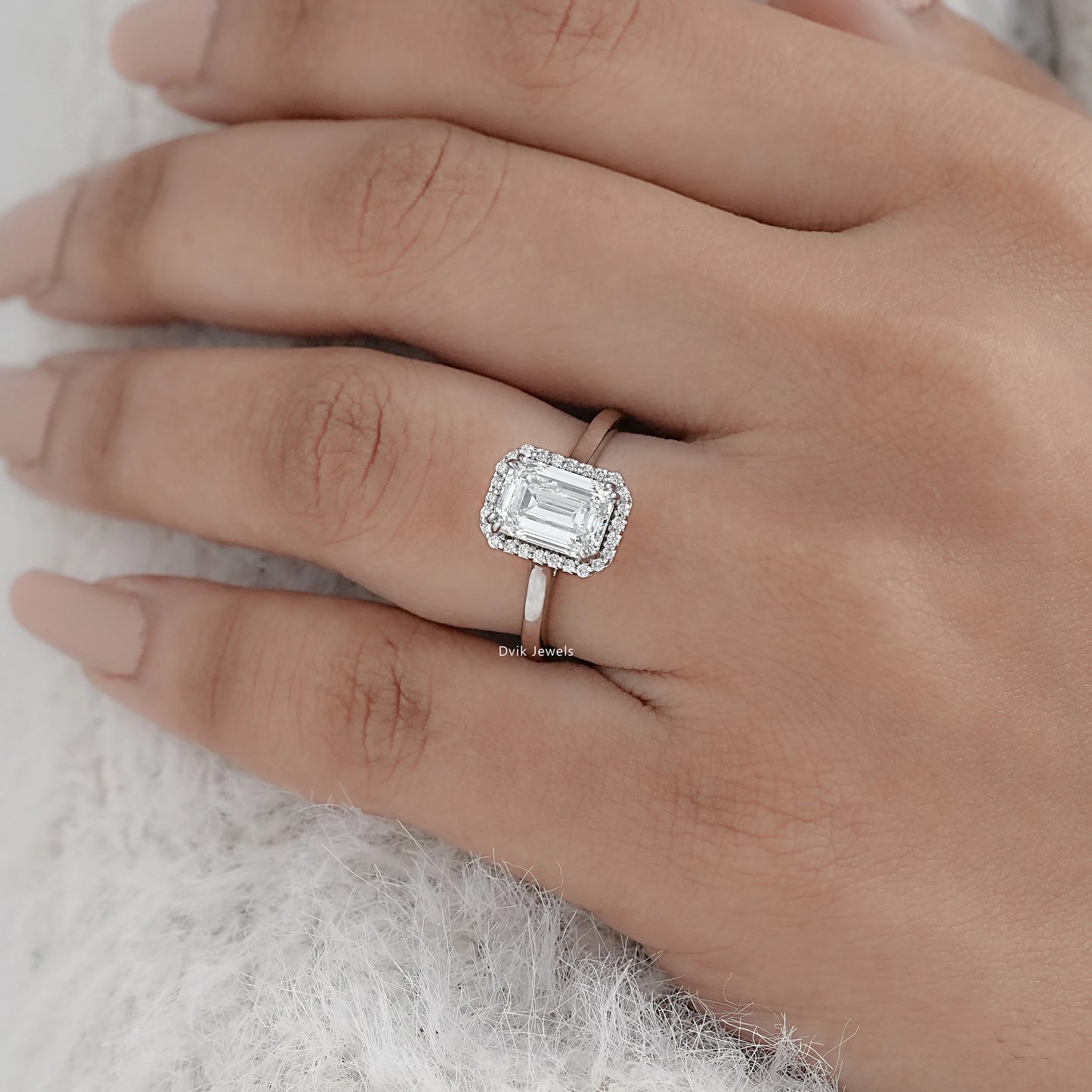 Emerald Cut Halo Lab Diamond Engagement Ring