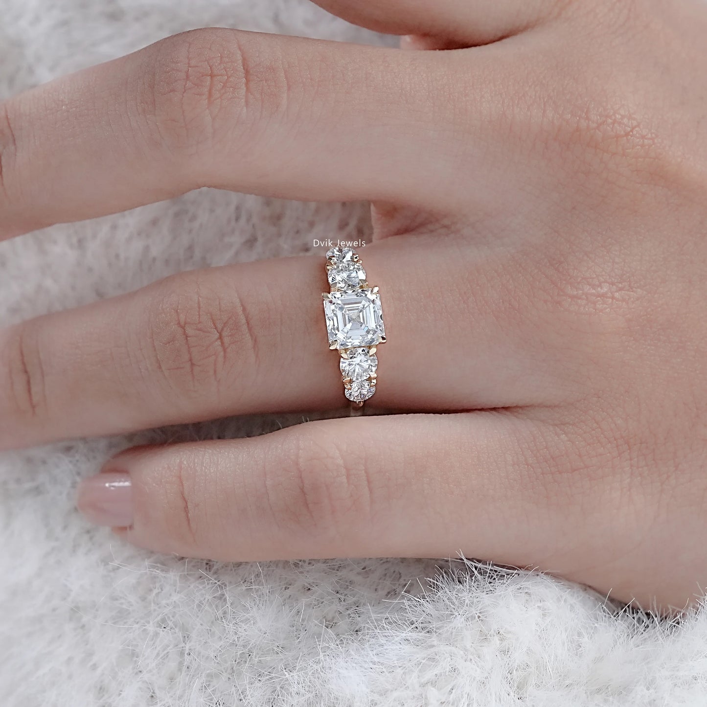 Square Emerald & Round Cut Lab Diamond Five Stone Ring