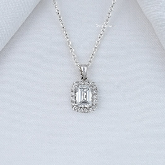 Emerald Cut Minimalistic Diamond Halo Pendant