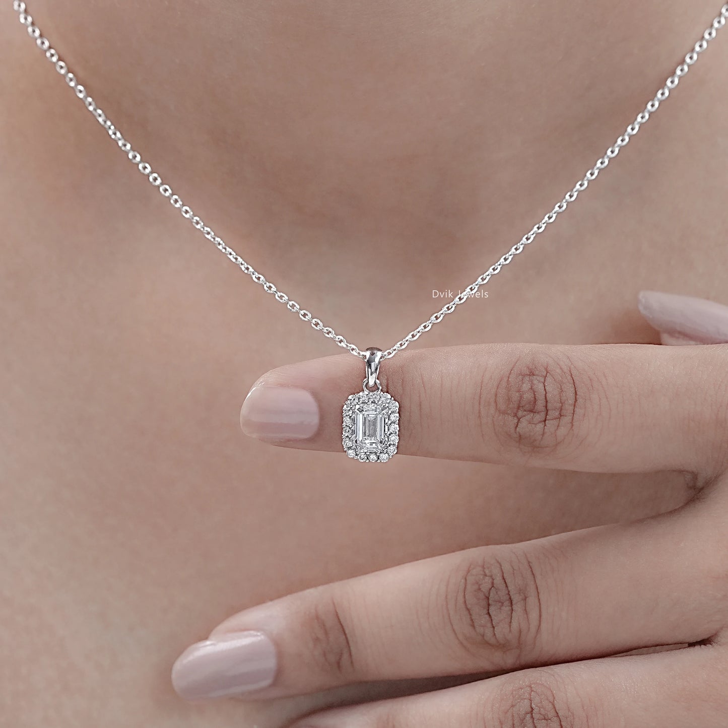Emerald Cut Minimalistic Diamond Halo Pendant