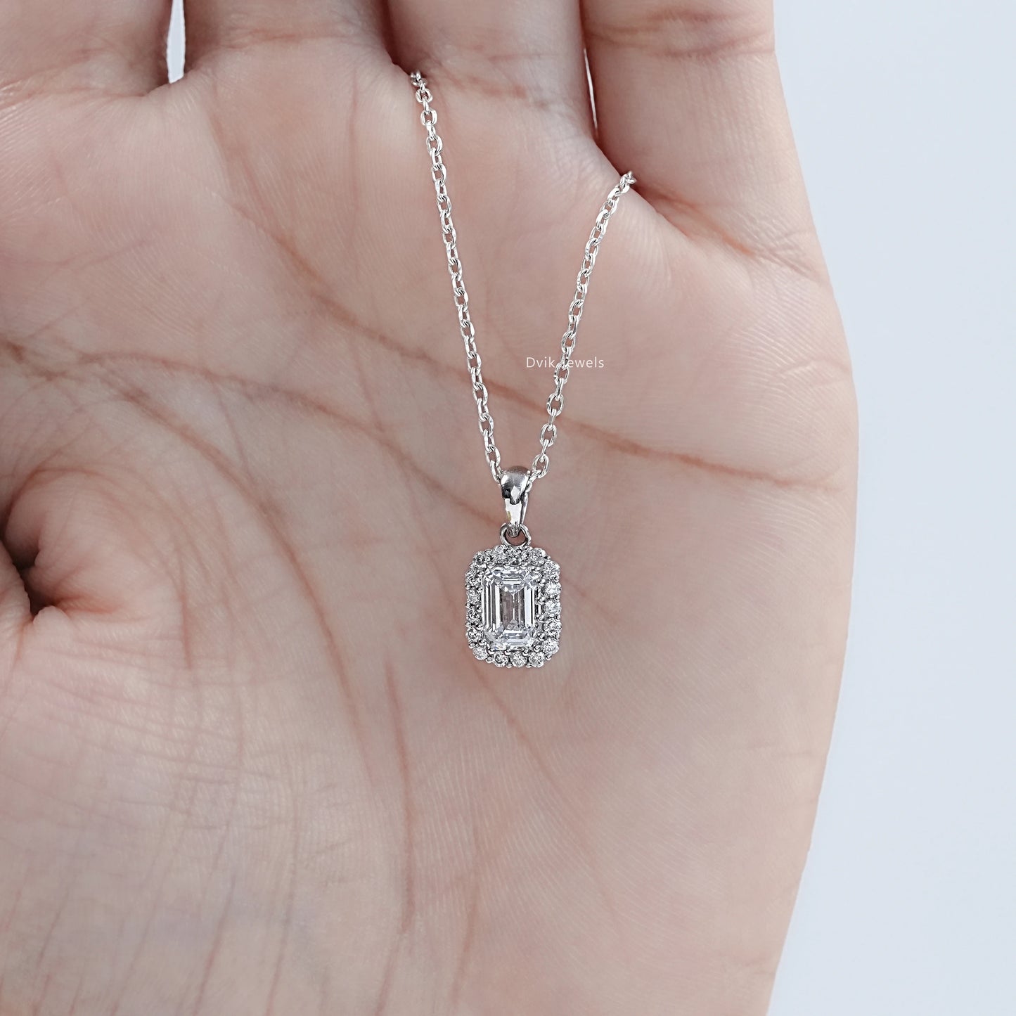 Emerald Cut Minimalistic Diamond Halo Pendant