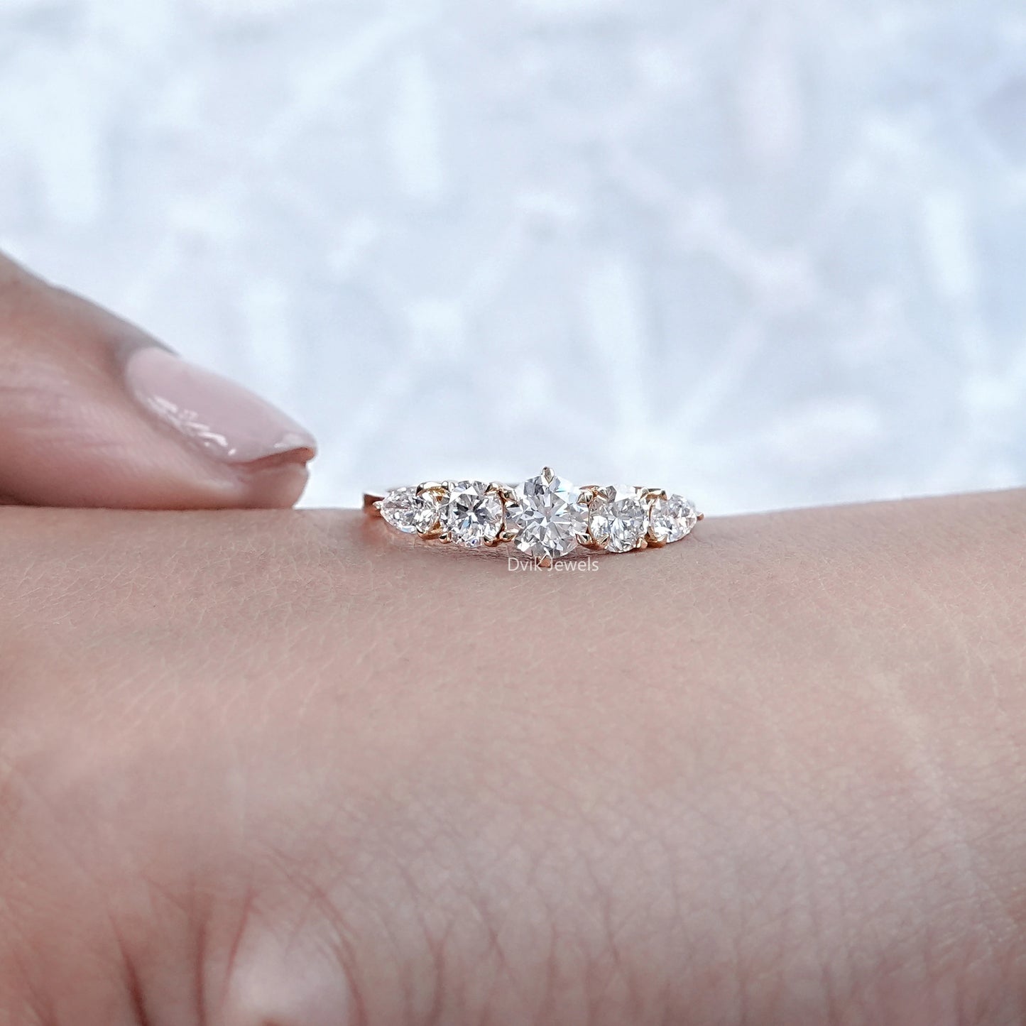 Five Stone Round Diamond Pear Accent Ring