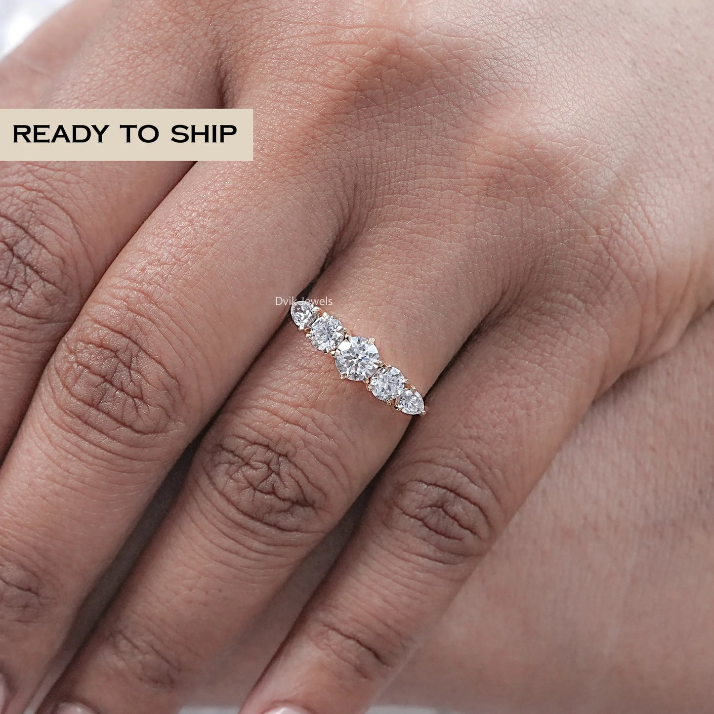 Five Stone Round Diamond Pear Accent Ring