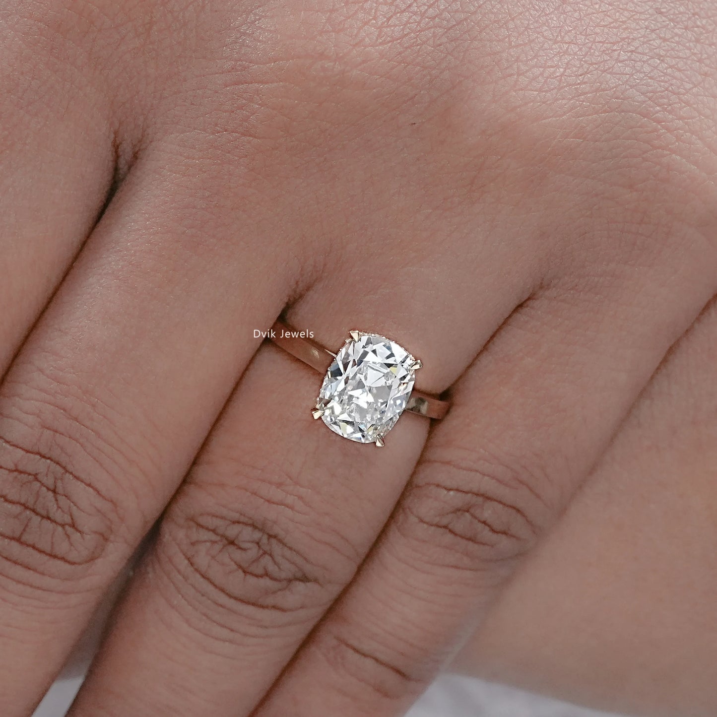 Elongated OMC Cushion Lab Diamond Hidden Halo Ring
