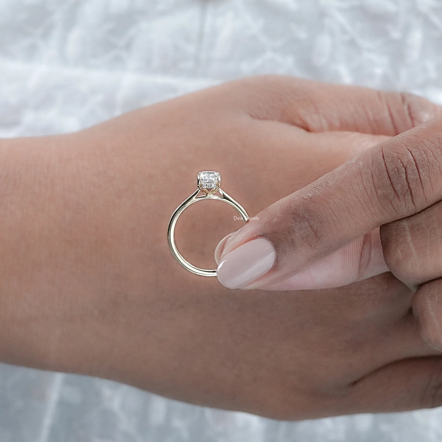 Elongated Cushion Lab Diamond Hidden Halo Ring