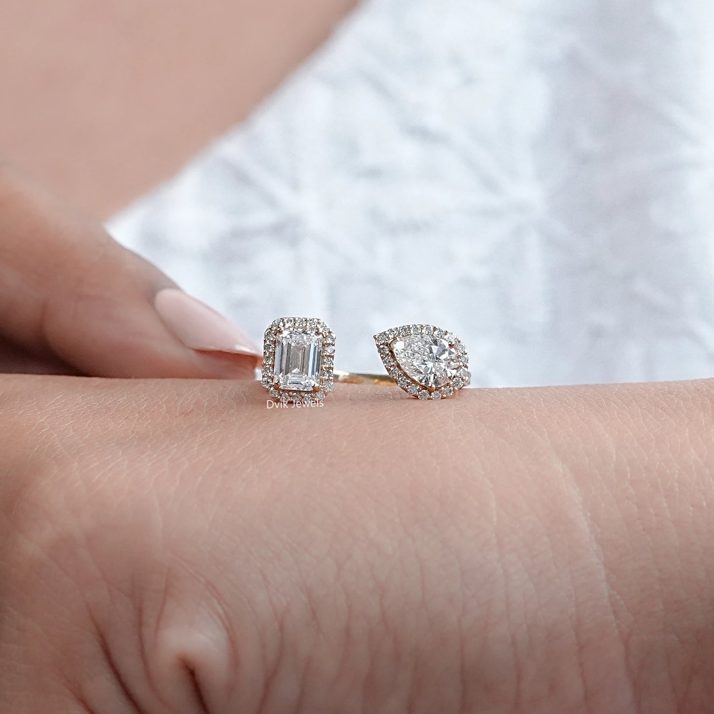 Emerald & Pear Halo Lab Diamond Two Stone Ring