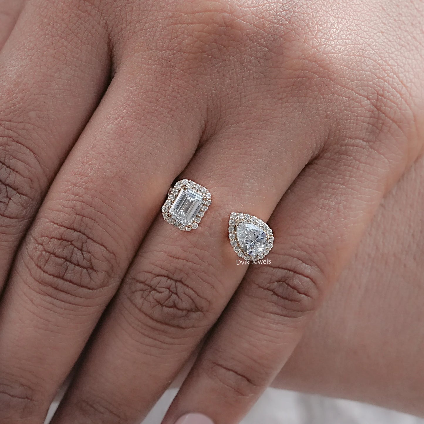 Emerald & Pear Halo Lab Diamond Two Stone Ring