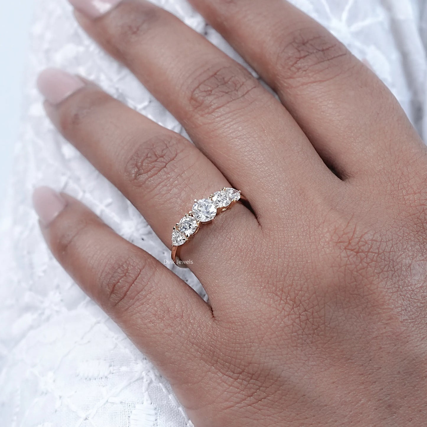 Round Cut Heart Accent Five Stone Ring