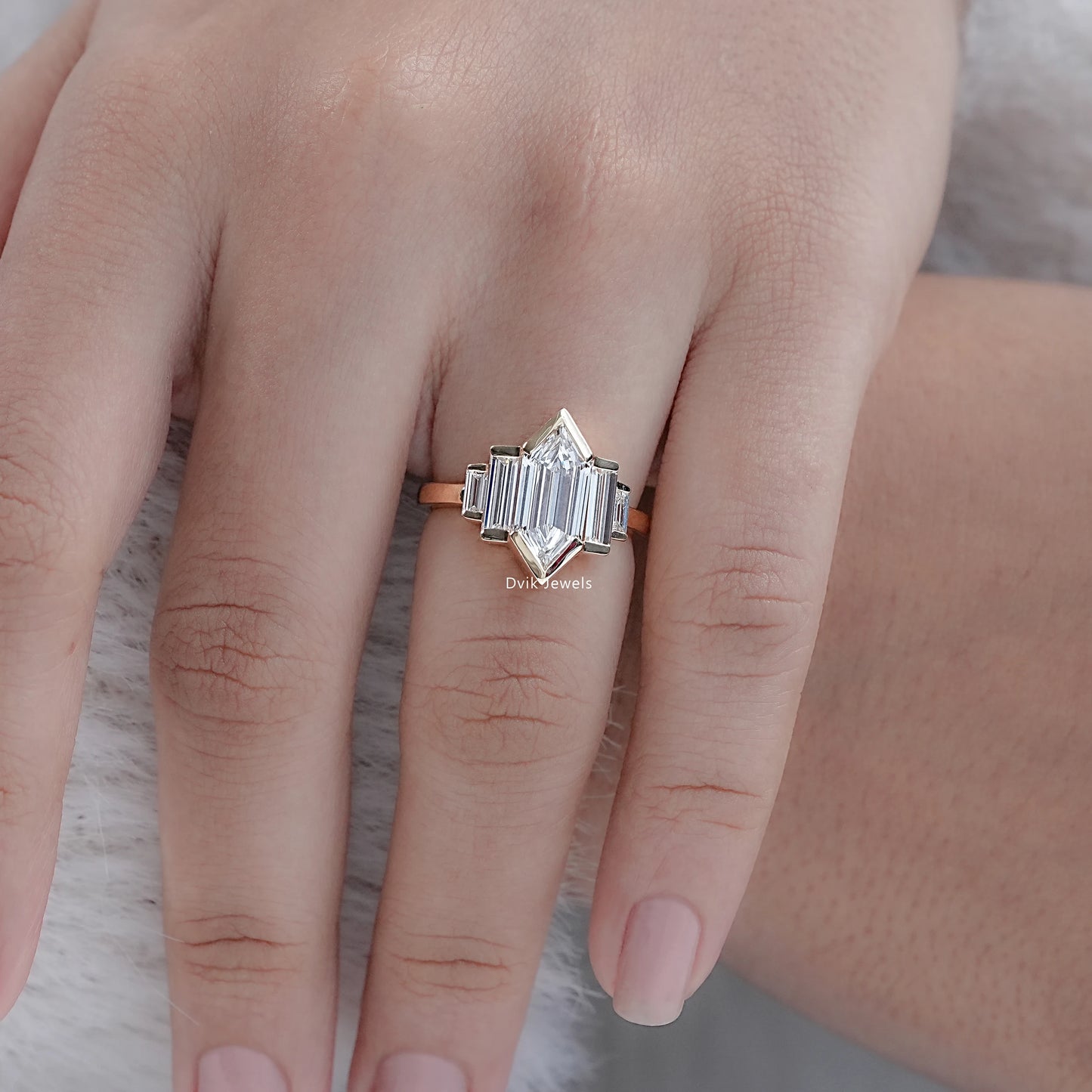 Hexagon Shape Half Bezel Set Five Stone Ring