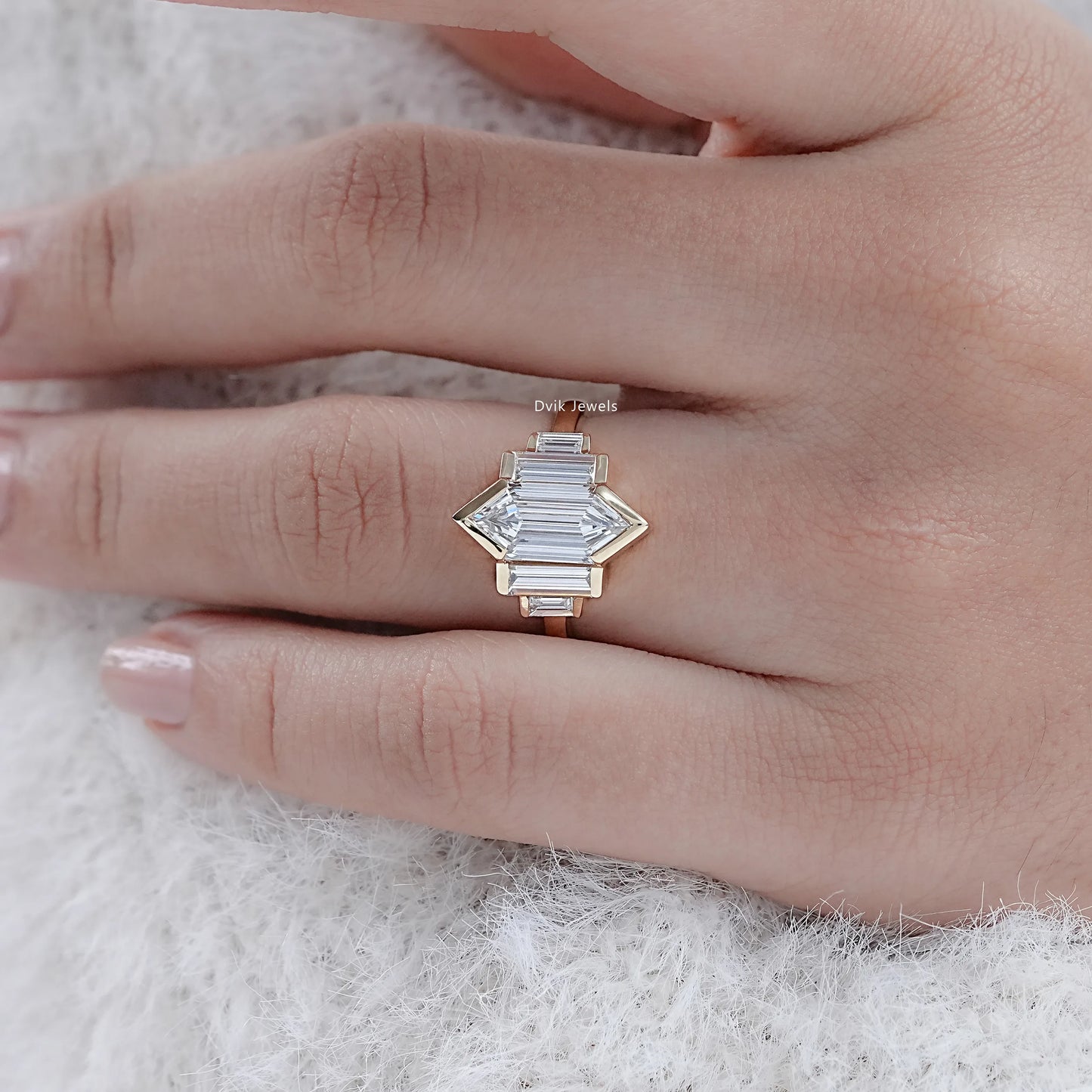 Hexagon Shape Half Bezel Set Five Stone Ring