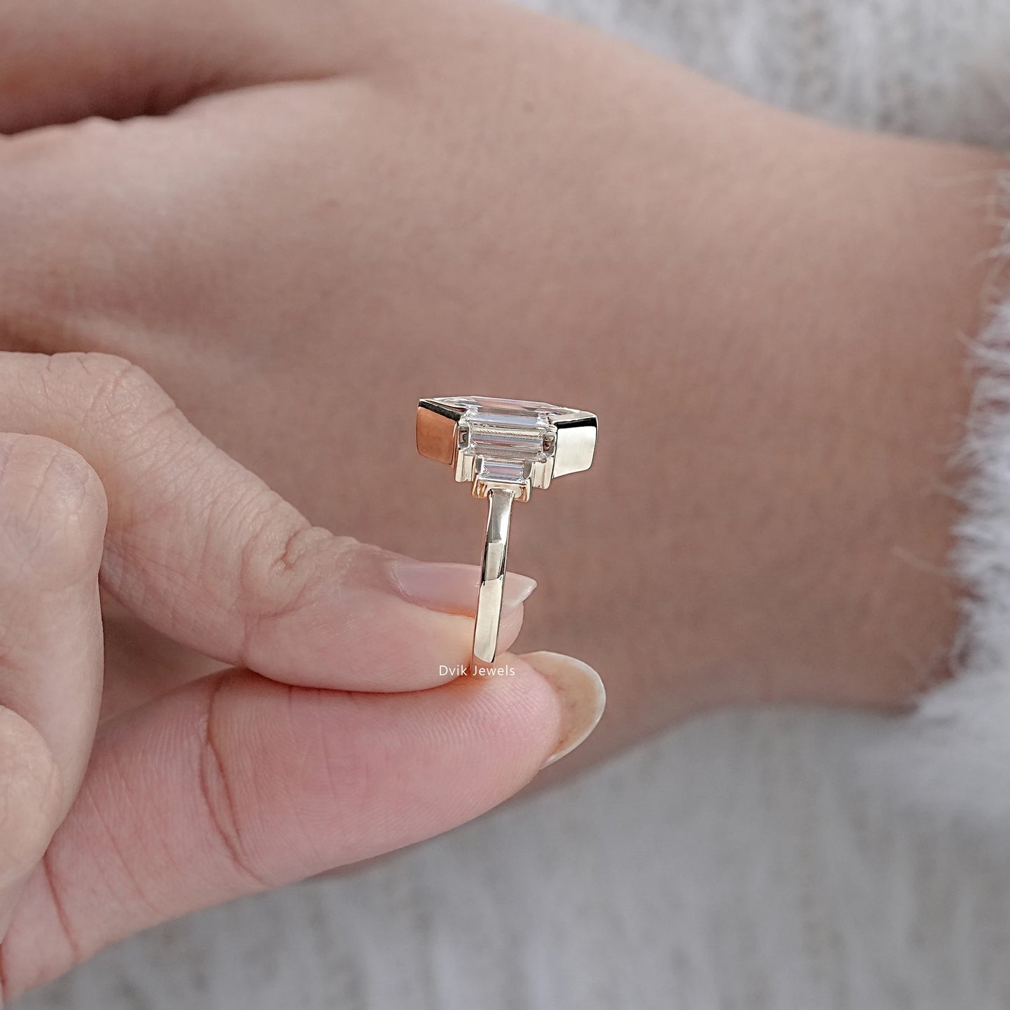 Hexagon Shape Half Bezel Set Five Stone Ring
