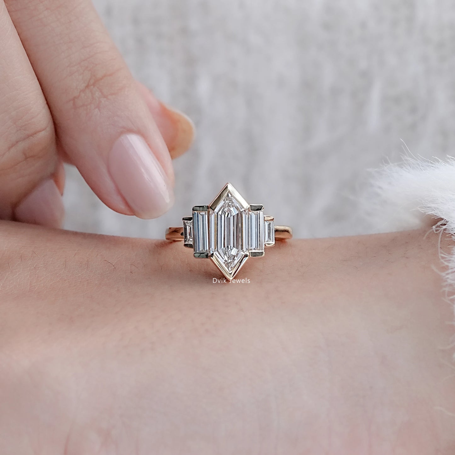 Hexagon Shape Half Bezel Set Five Stone Ring