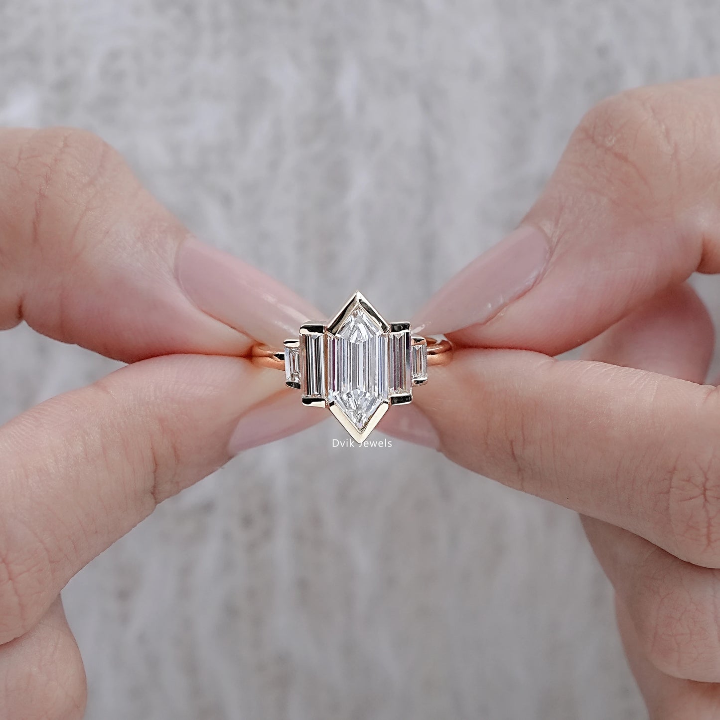Hexagon Shape Half Bezel Set Five Stone Ring