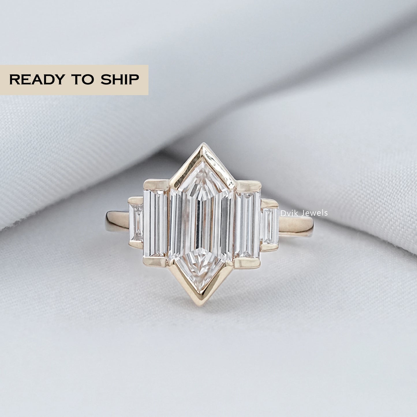 Hexagon Shape Half Bezel Set Five Stone Ring