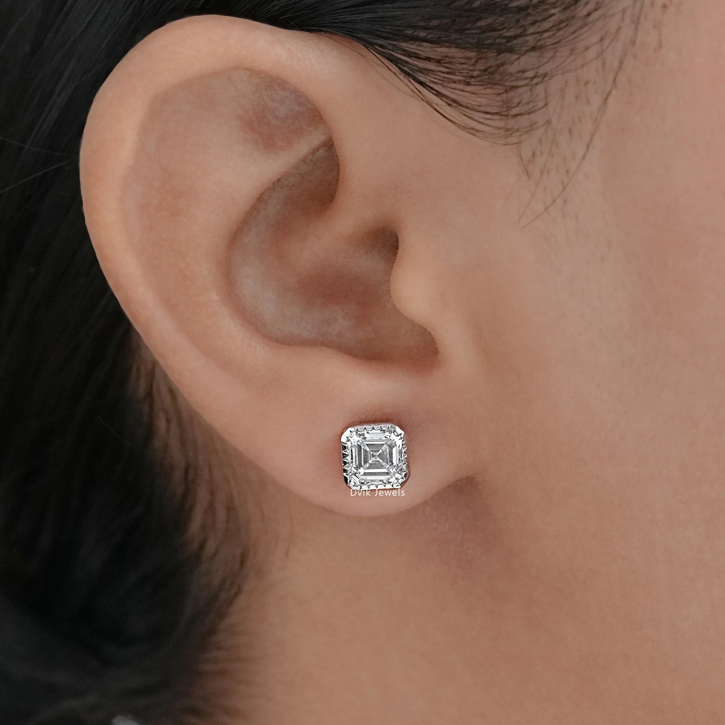 Milgrain Asscher Cut Lab Grown Stud Earrings