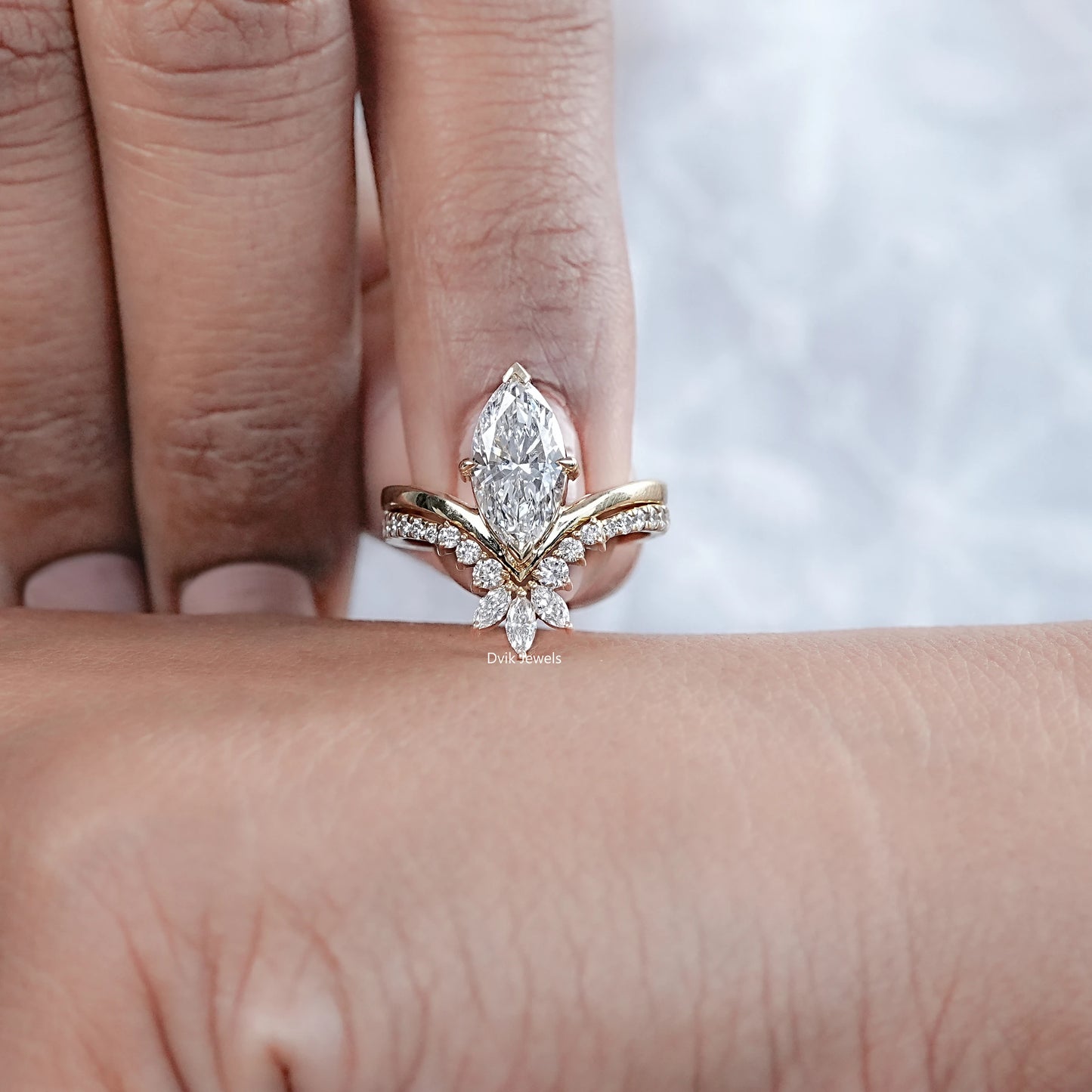Marquise Cut Lab Diamond Chevron Bridal Ring Set