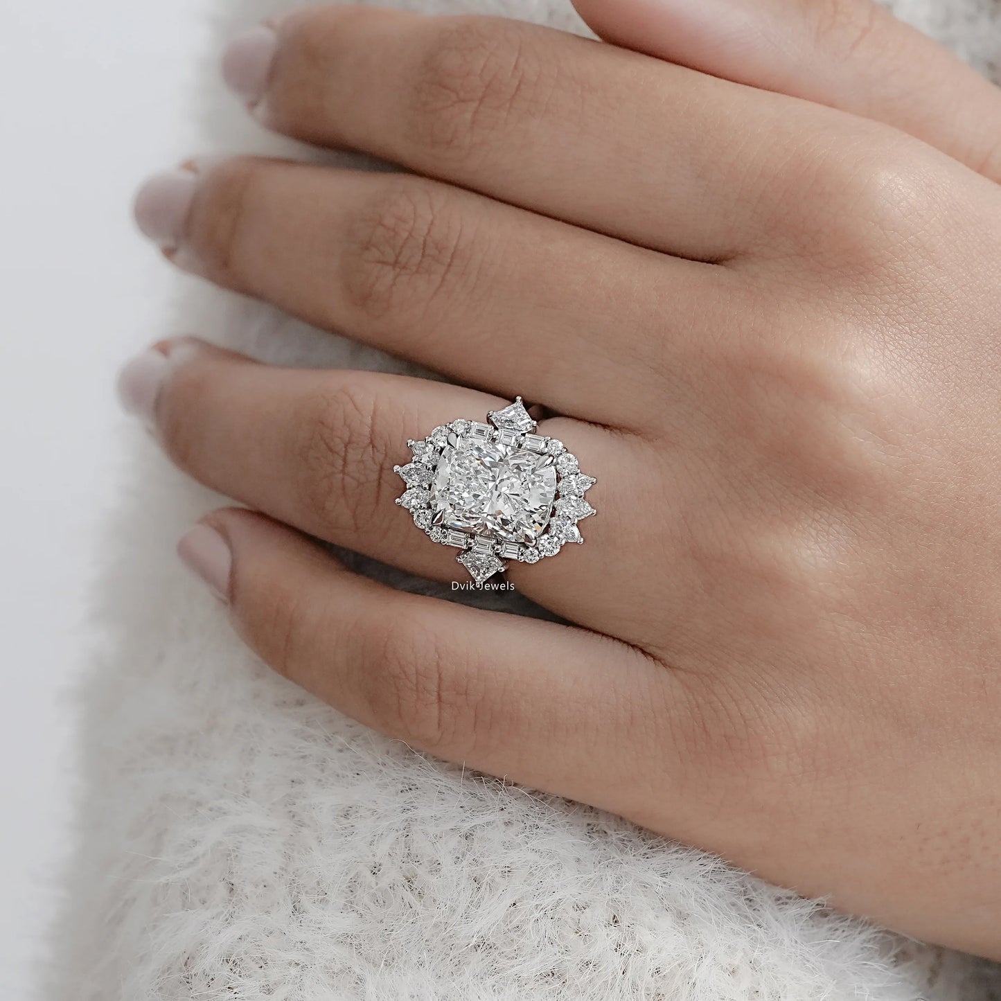 Cushion Cut Lab Diamond Three Stone Halo Engagement Ring