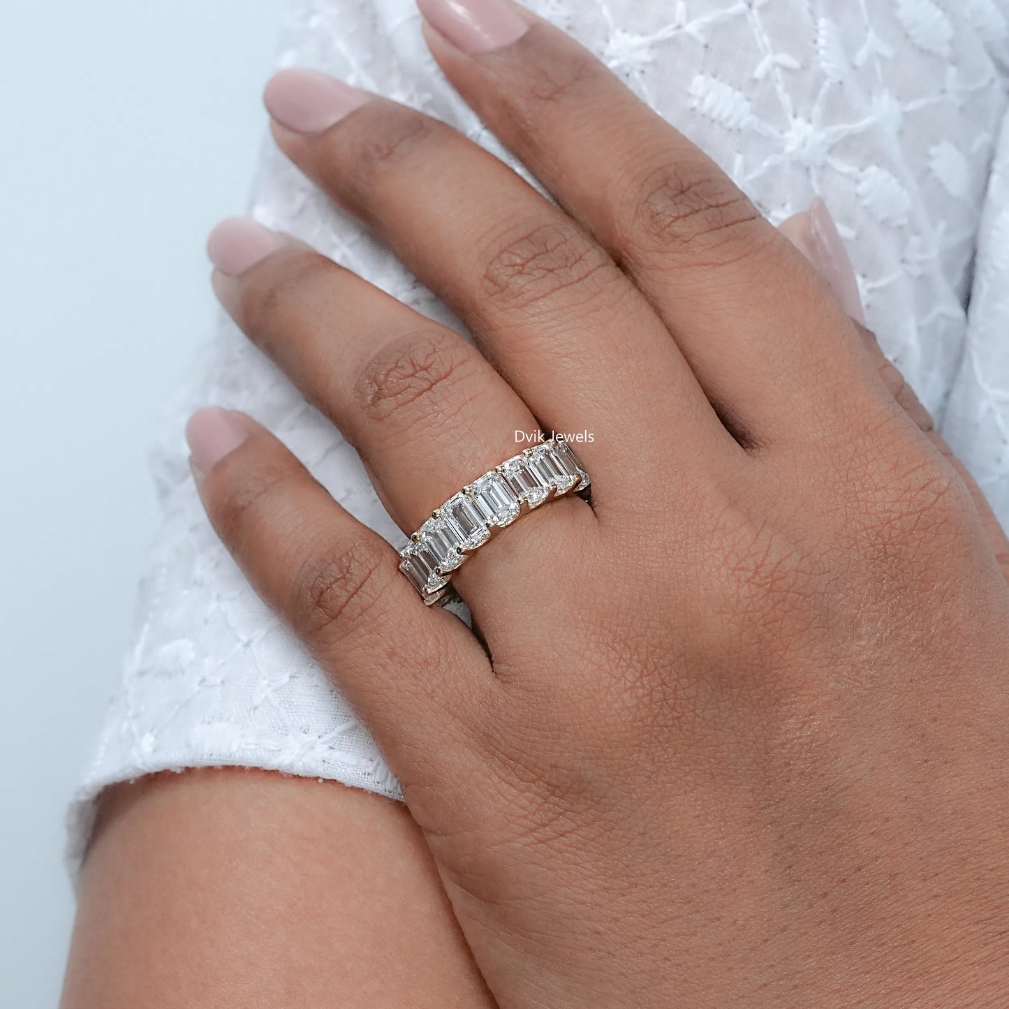 Emerald Lab Diamond Prong Set Eternity Band