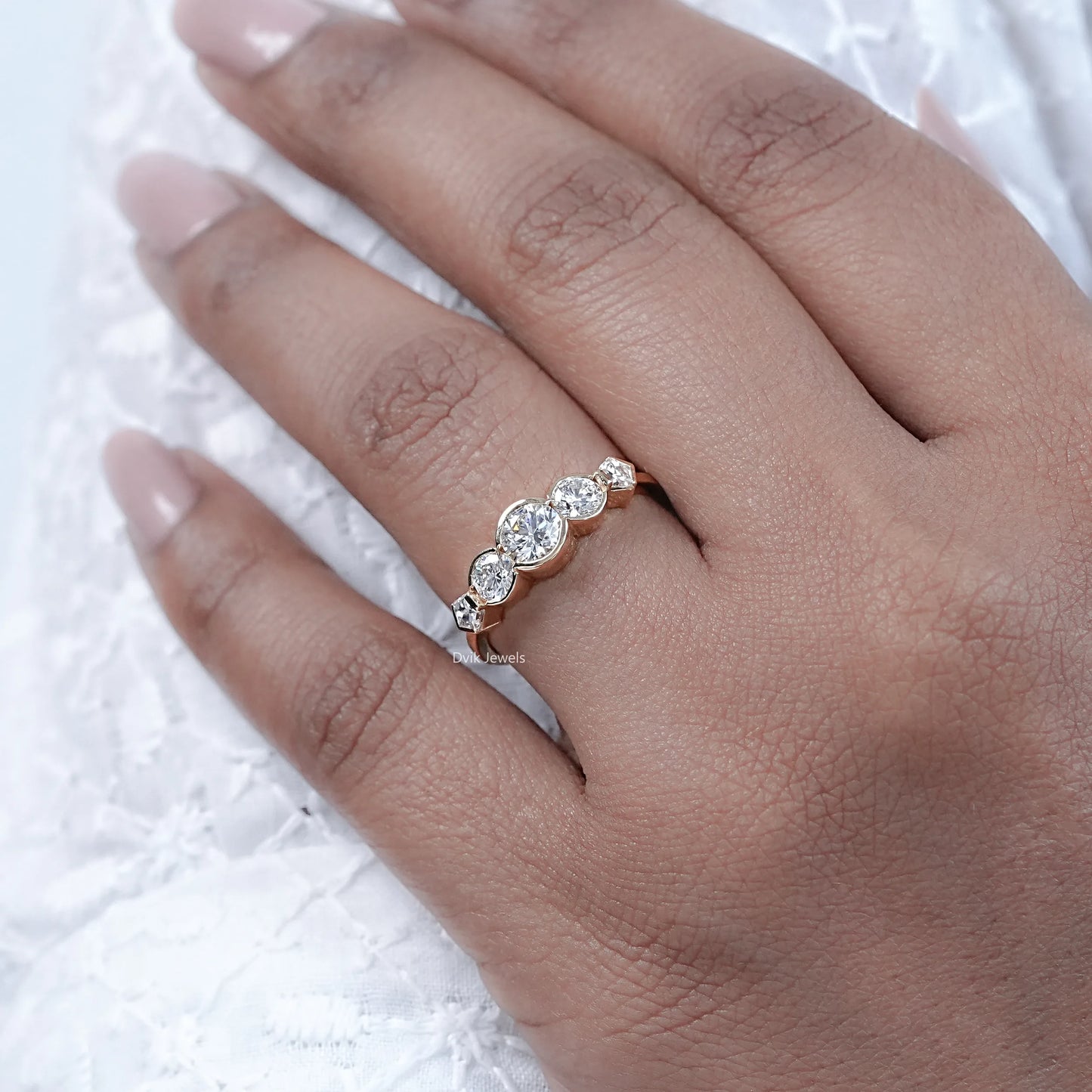 Round And Pentagon Diamond Bezel Set Five Stone Ring